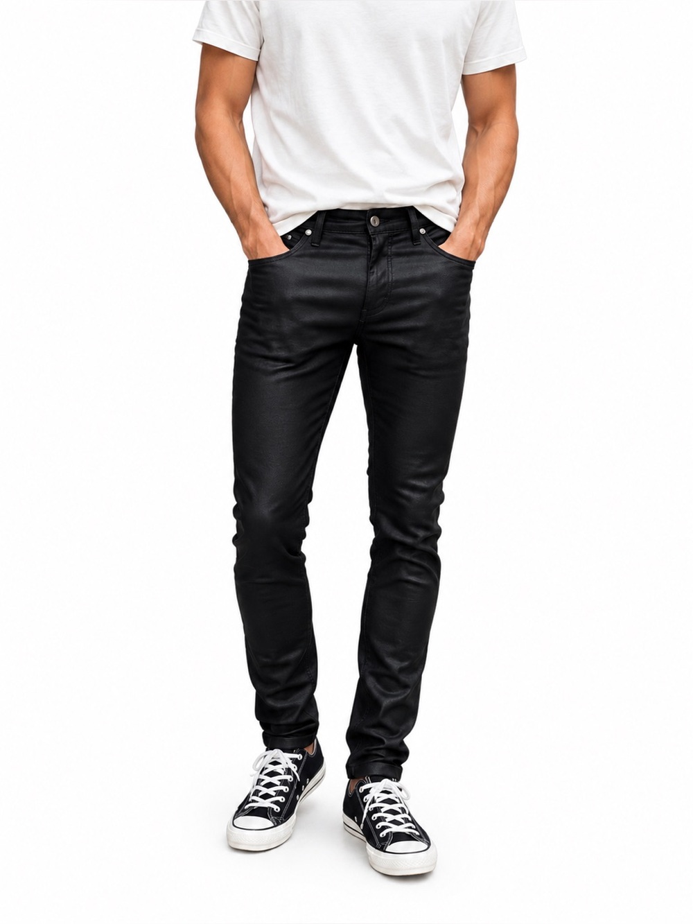mnml M1 Black Wax Coated Stretch Skinny Jeans 30 Ankle Zip